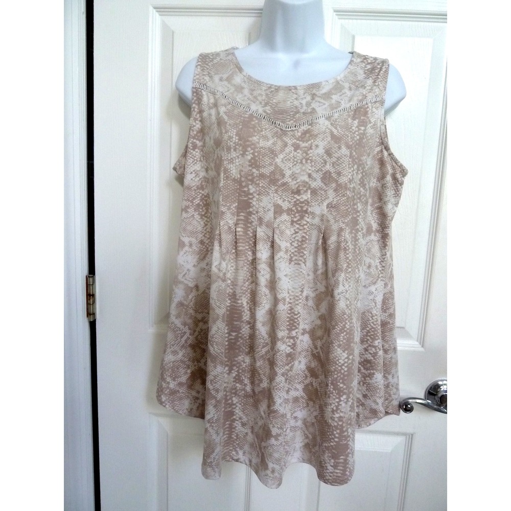 New Directions Womens L 12/14 Pleated Snakeskin Sleeveless Top Beige White
